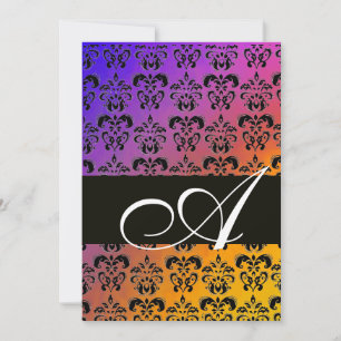 BLUE YELLOS LILA BLACK DAMASK MONOGRAM, weiß Einladung