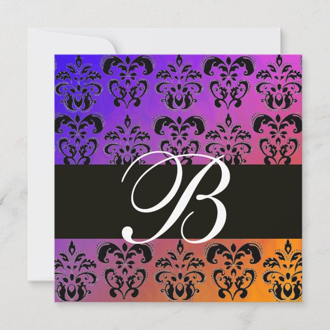 BLUE YELLOS LILA BLACK DAMASK MONOGRAM, weiß Einladung (Vorderseite)