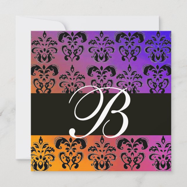 BLUE YELLOS LILA BLACK DAMASK MONOGRAM, weiß Einladung (Vorderseite)