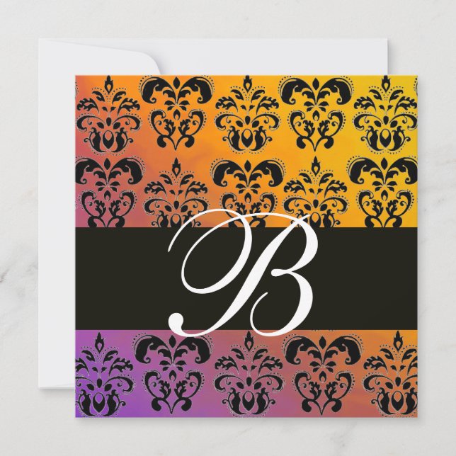 BLUE YELLOS LILA BLACK DAMASK MONOGRAM, weiß Einladung (Vorderseite)
