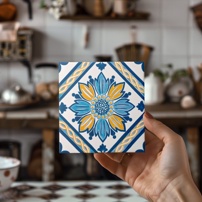 Blue Yellow Azulejo Mediterranes Floral Zuhause De Fliese (Blue Yellow Azulejo Mediterranean Floral Home Deco Ceramic Tile)