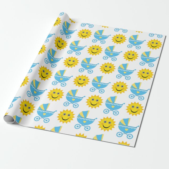 BLUE & YELLOW BABY CARRIAGE & YELLOW SUN GESCHENKPAPIER (Ungerollt)