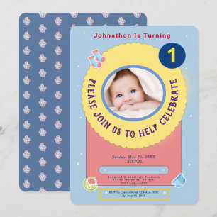 Blue Yellow Baby First Birthday Party personalisie Einladung