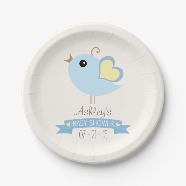 Blue & Yellow Bird Baby Dusche Pappteller (Vorderseite)