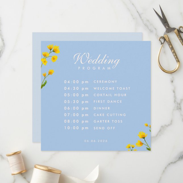 Blue & Yellow buttercup wedding Programm (Vorderseite/Rückseite Beispiel)