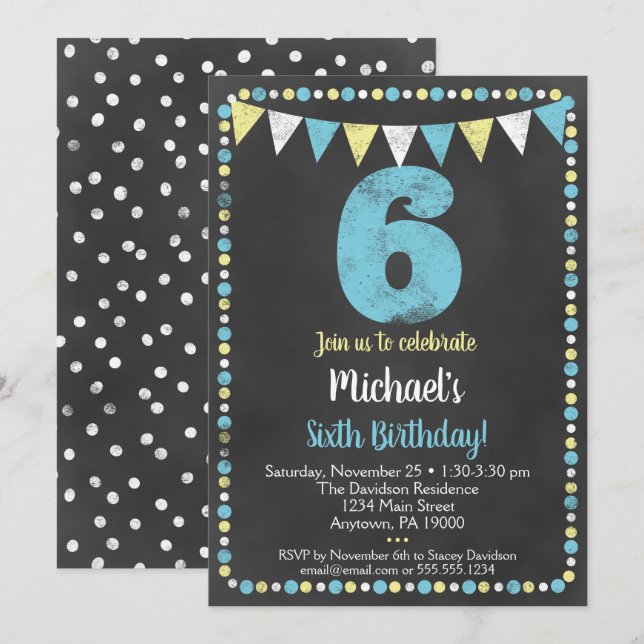 Blue Yellow Chalkboard 6. Geburtstag Einladung (Vorne/Hinten)