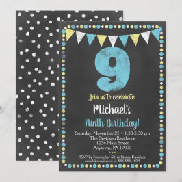 Blue Yellow Chalkboard 9. Geburtstag Einladung