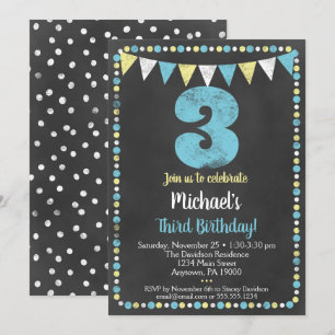 Blue Yellow Chalkboard Dritter Geburtstag Einladun Einladung
