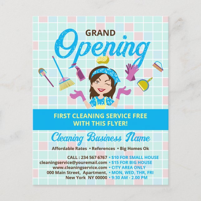 Blue Yellow Cleaning Lady Grand Opening Flyer (Vorne)