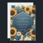 Blue Yellow Floral Autumn Wedding Einladung<br><div class="desc">Vibrant sunflowers and deep blue blossoms create a rich,  artistic composition. This design evokes a warm,  autumnal mood with a touch of rustic charm. The interplay of warm yellows and cool blues offers a striking visual.</div>
