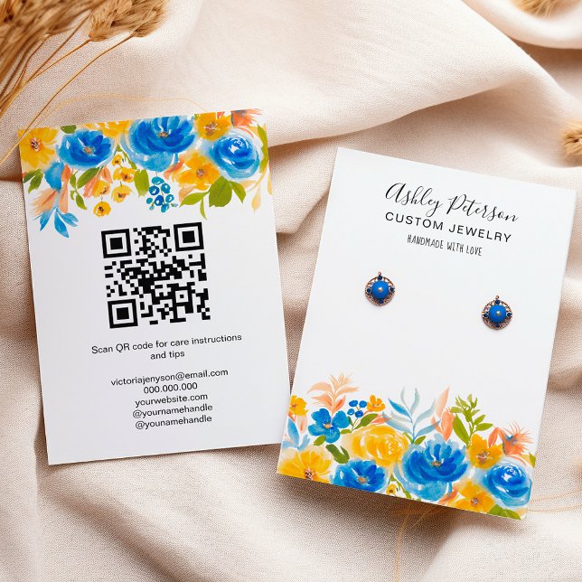 Blue yellow floral boho  jewelry earring display visitenkarte (Blue yellow floral boho jewelry earring display business card)