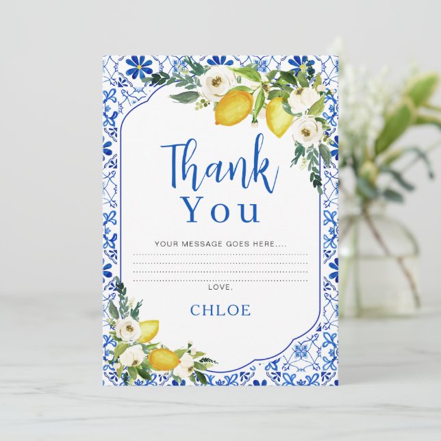 Blue Yellow Floral Lemon Bridal Danke Karte (Stehend Vorderseite)