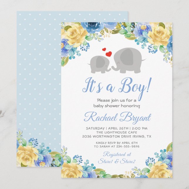 Blue Yellow Floral Rose Junge Elephant Baby Dusche Einladung (Vorne/Hinten)