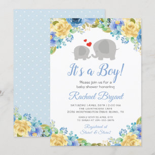 Blue Yellow Floral Rose Junge Elephant Baby Dusche Einladung