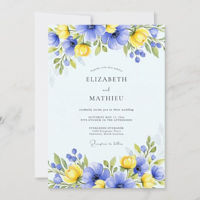 Blue Yellow Floral Spring Wedding Einladung (Vorderseite)