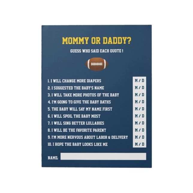 Blue Yellow FOOTBALL Baby Dusche Guessing GAME Notizblock (Rotiert)