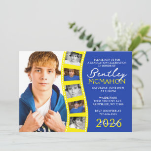 Blue & Yellow Foto Filmstrip Collage Abschluss Einladung