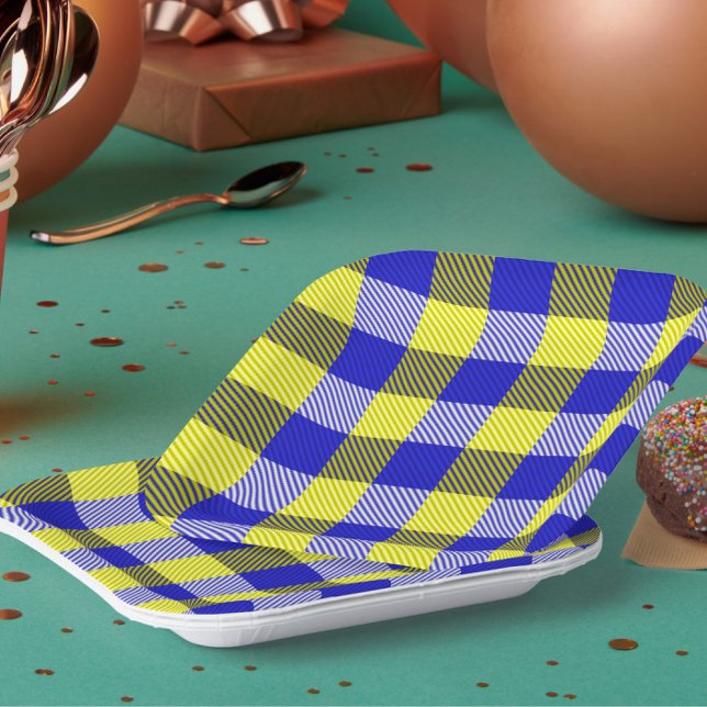 Blue Yellow Gingham Karo Design Pappteller (Von Creator hochgeladen)