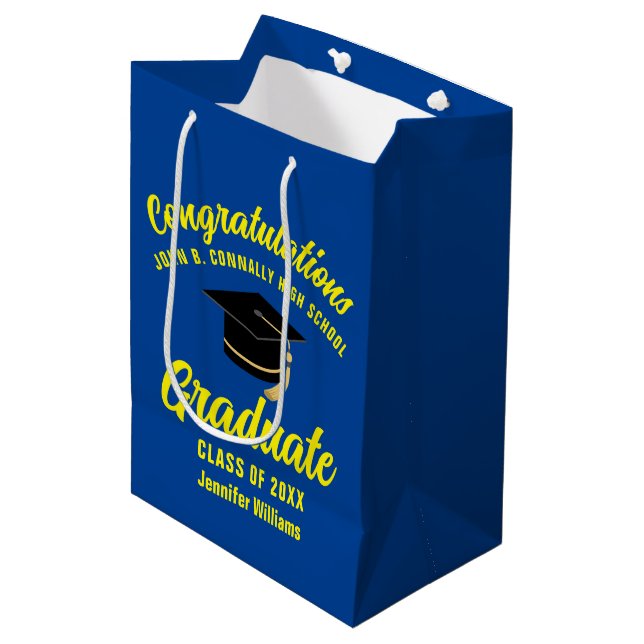 Blue Yellow Graduate Custom 2024 Graduation Party Mittlere Geschenktüte (Vorderseite Schrägansicht)