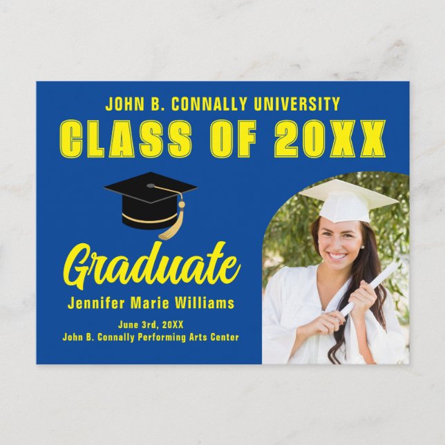 Blue Yellow Graduate Foto 2024 Graduation Party Postkarte (Vorderseite)