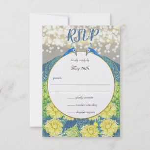 Blue Yellow Gray Peacock Wedding UAWG RSVP Karte