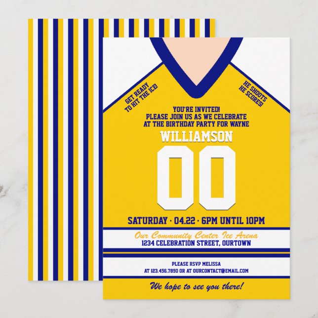 Blue/Yellow Hockey Jersey Geburtstagsparty Einladung (Vorne/Hinten)