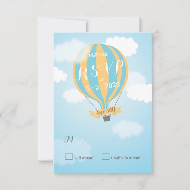 Blue Yellow Hot Air Balloon Baby Showkarte RSVP Ca (Vorderseite)