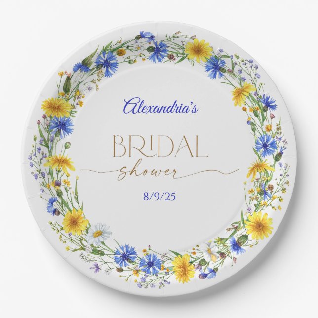 Blue Yellow Lavender Wildflower Wreath Pappteller (Vorderseite)
