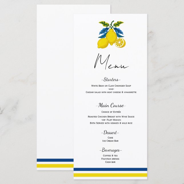 Blue Yellow Lemon Mediterrane Hochzeitsmenü Menükarte (Vorne/Hinten)
