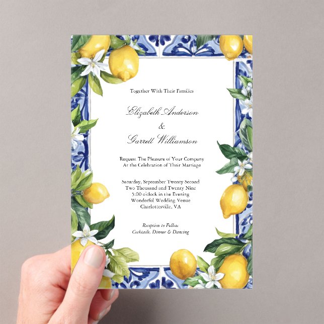 Blue Yellow Lemon Mediterranean Tile Wedding Acryleinladungen (Insitu (Handheld))