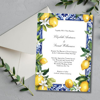 Blue Yellow Lemon Mediterranean Tile Wedding Einladung
