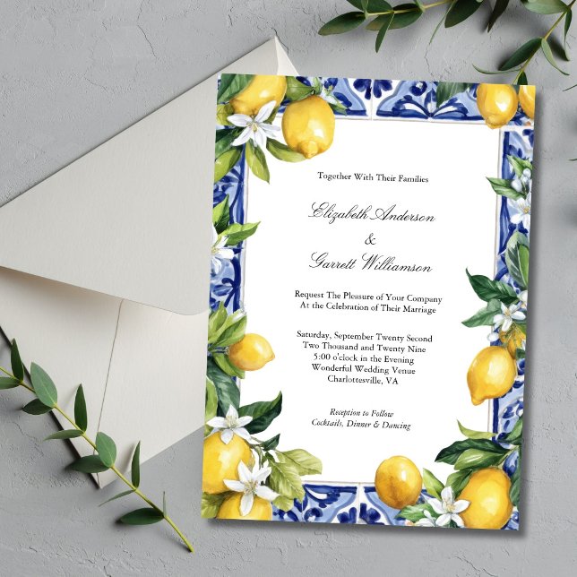 Blue Yellow Lemon Mediterranean Tile Wedding Einladung (Blue Yellow Lemons Mediterranean Tile Italian Wedding Theme Invitation. Printed or Digital Download)