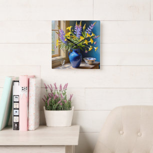 Blue Yellow Lila Bouquet Art Quadratische Wanduhr