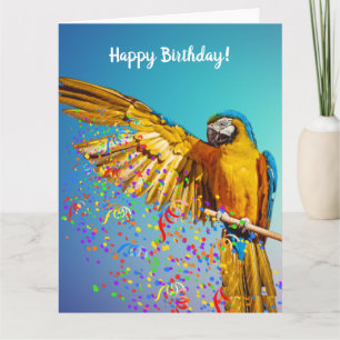 Blue & Yellow Macaw Throws Confetti Karte