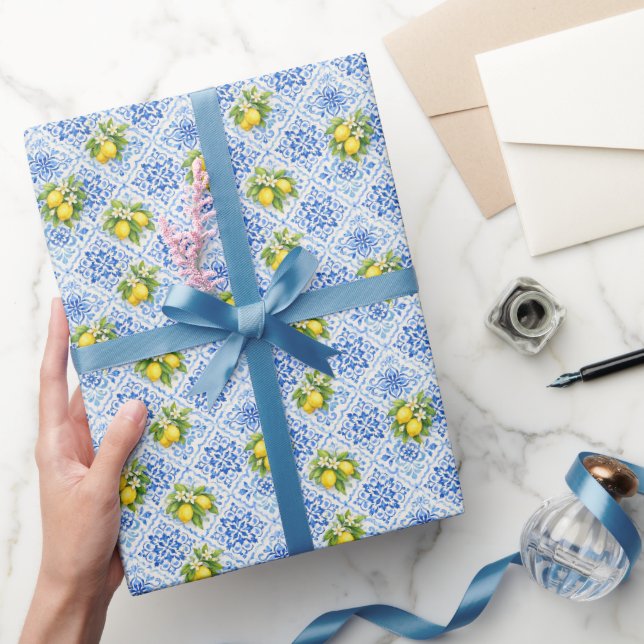 Blue Yellow Mediterranean Tile Lemon Bridal Shower Geschenkpapier (Schenken)