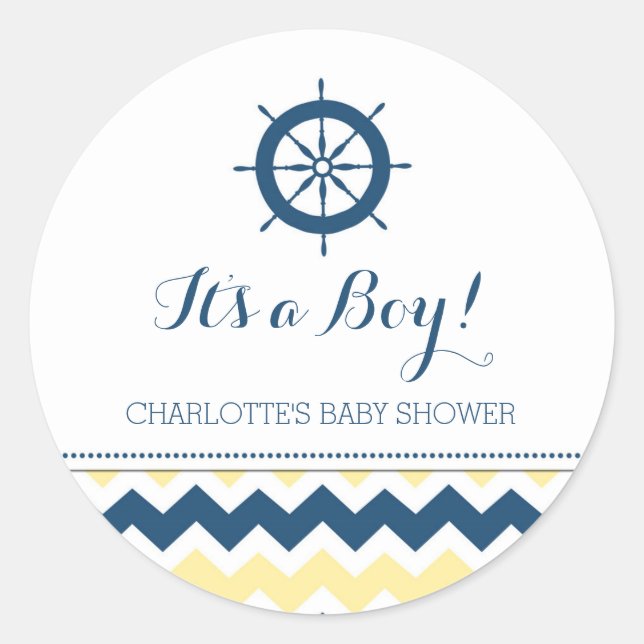 Blue Yellow Nautical Baby Dusche Pflegeaufkleber Runder Aufkleber (Vorderseite)
