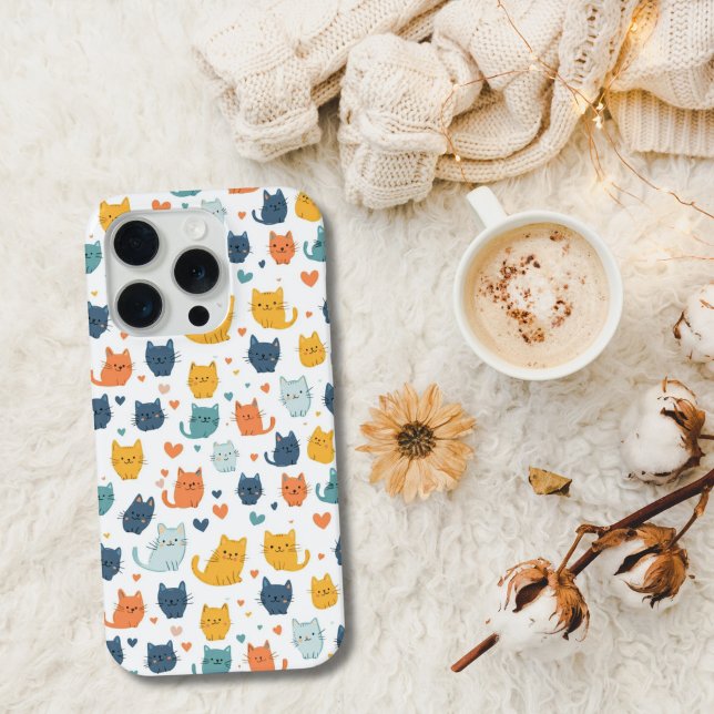 Blue Yellow Orange Kawaii Cat Pattern Cat Lover iPhone 15 Pro Hülle (Blue orange and yellow cute kawaii whimsical cat pattern on this iPhone. Available on all current )