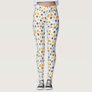Blue Yellow Orange Kawaii Whimsical Cat Pattern Leggings
