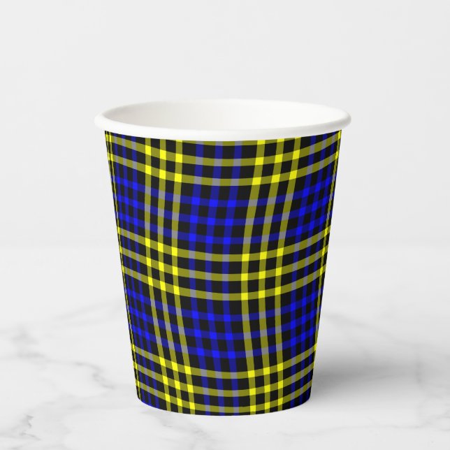 Blue Yellow Plaid Checker Seamless Pattern Pappbecher (Vorderseite)