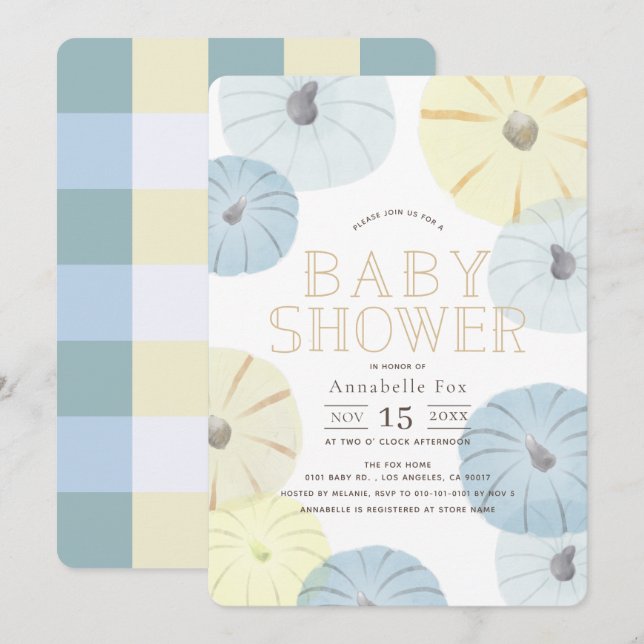 Blue & Yellow Pumpkin Boy Baby Dusche Einladung (Vorne/Hinten)