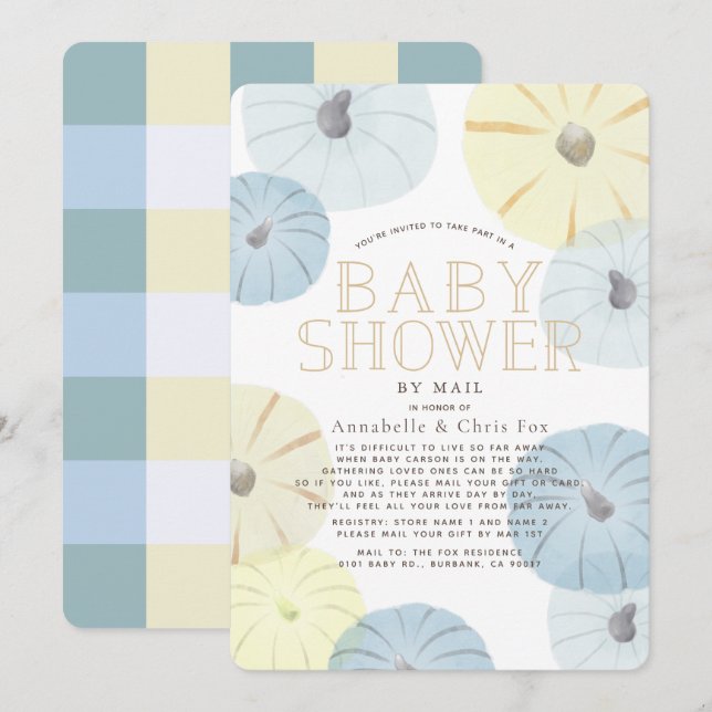 Blue & Yellow Pumpkin Boy Baby Dusche von Mail Einladung (Vorne/Hinten)