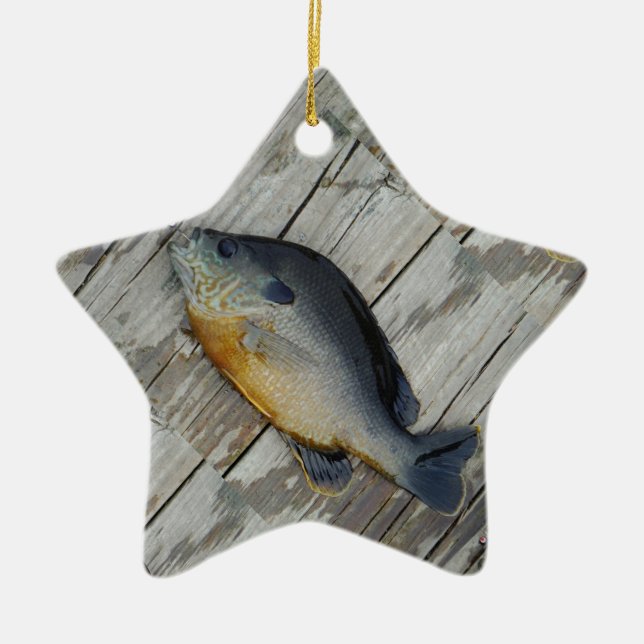 Blue yellow purple teal, Bluegill fish on dock Keramikornament (Vorne)