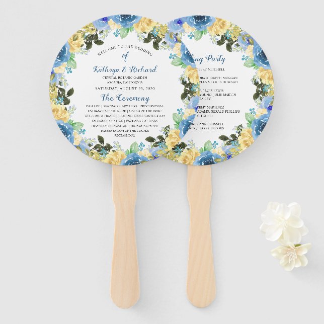 Blue Yellow Rose Garden Wedding Program Hand Fan Fächer (Vorne und Hinten)