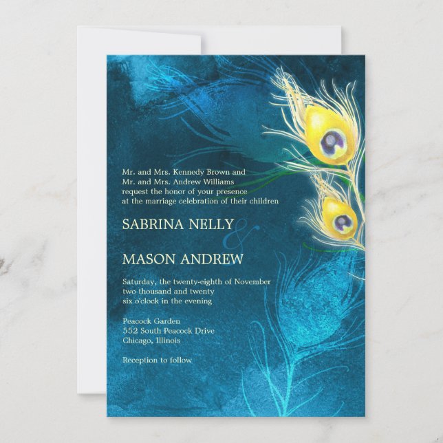 Blue & Yellow Rustic Peacock Wedding Einladung (Vorderseite)