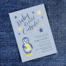 Blue Yellow Star Pinguin Kinderdusche Einladung
