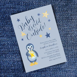 Blue Yellow Star Pinguin Kinderdusche Einladung