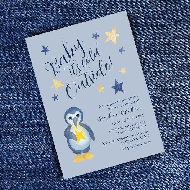 Blue Yellow Star Pinguin Kinderdusche Einladung (Von Creator hochgeladen)