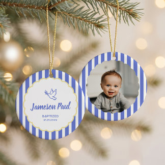 Blue & Yellow Striped Dove Photo Baptism Keramik Ornament