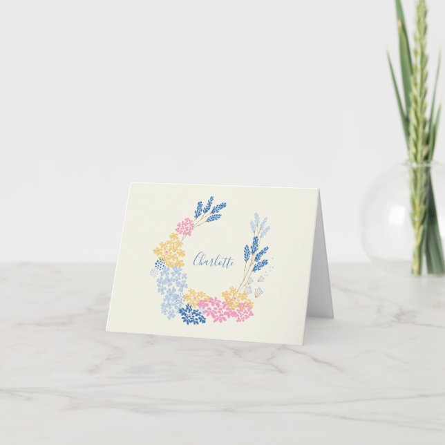 Blue Yellow Summer Blumen Wreath Personalisiert Dankeskarte (Vorderseite)
