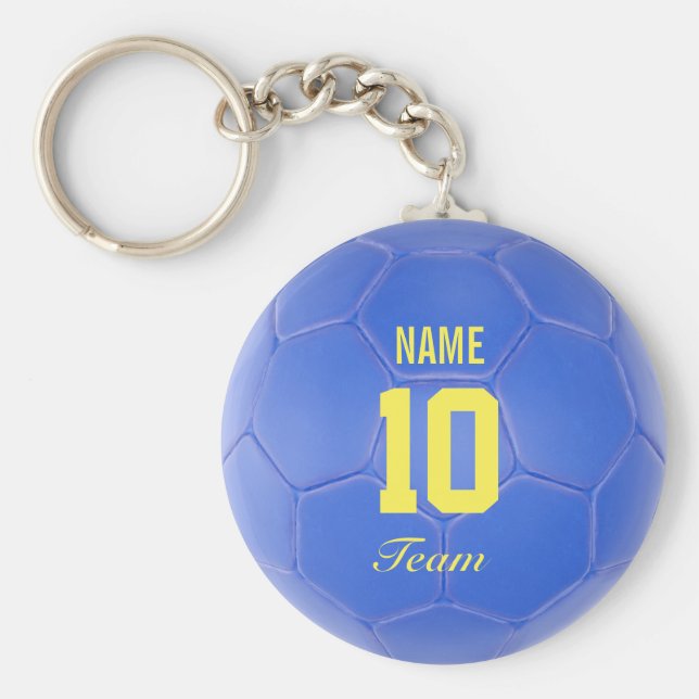 Blue Yellow Team Soccer Ball Personalisierter Name Schlüsselanhänger (Vorne)